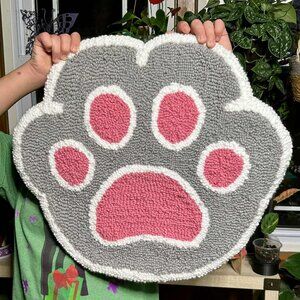 Handmade 18"x20" Gray & Pink Paw Print Loop-Pile Tufted Rug or Cat/Dog Nap Mat.